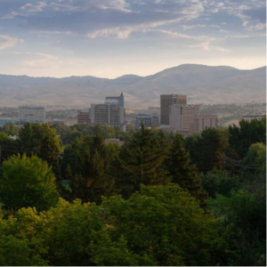 Boise downtown in the distance with trees in the foreground