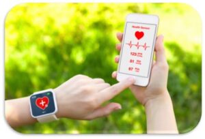 This is an image of a wearable device where the subject is wearing a smart watch which is monitoring their heart-rate and they are also holding a mobile phone where they are seeing the heart rate on the screen.
